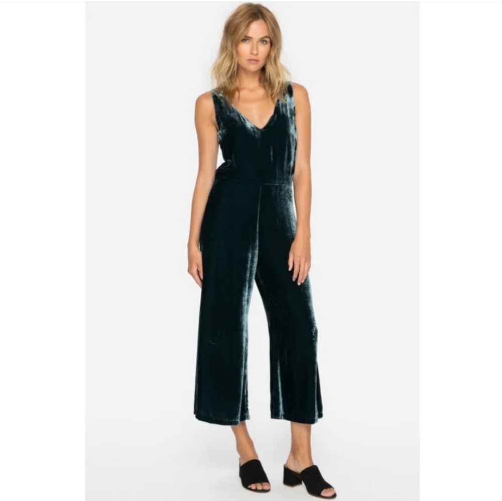 Johnny Was XS Forest Green Teal Velvet Jumpsuit Silk Wide Leg Cropped Sleeveless